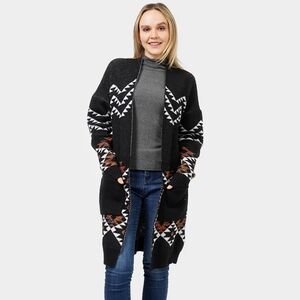 Black Aztec Pattern Print Sweater Cardigan w Pockets Long Sleeve Open Front